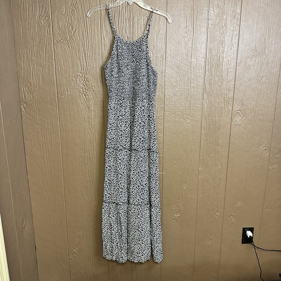 Zattcas Black White Floral Tierd Maxi Dress Size Large Rayon Spagetti Strap - Picture 1 of 6